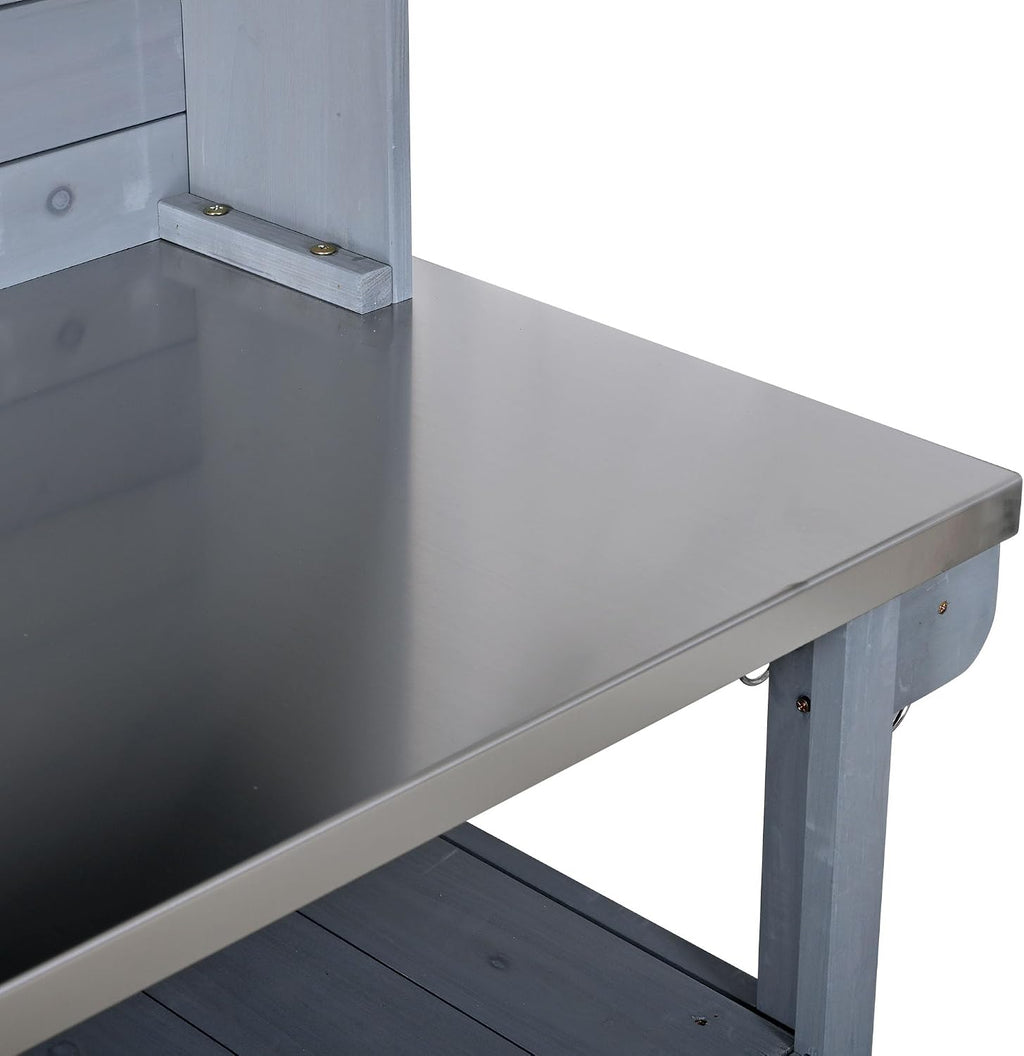 Potting Benches for Outside with Stainless Steel Top, 65''H Fir Wood Potting Bench with Storage, Outdoor Gardening Table (Gray)