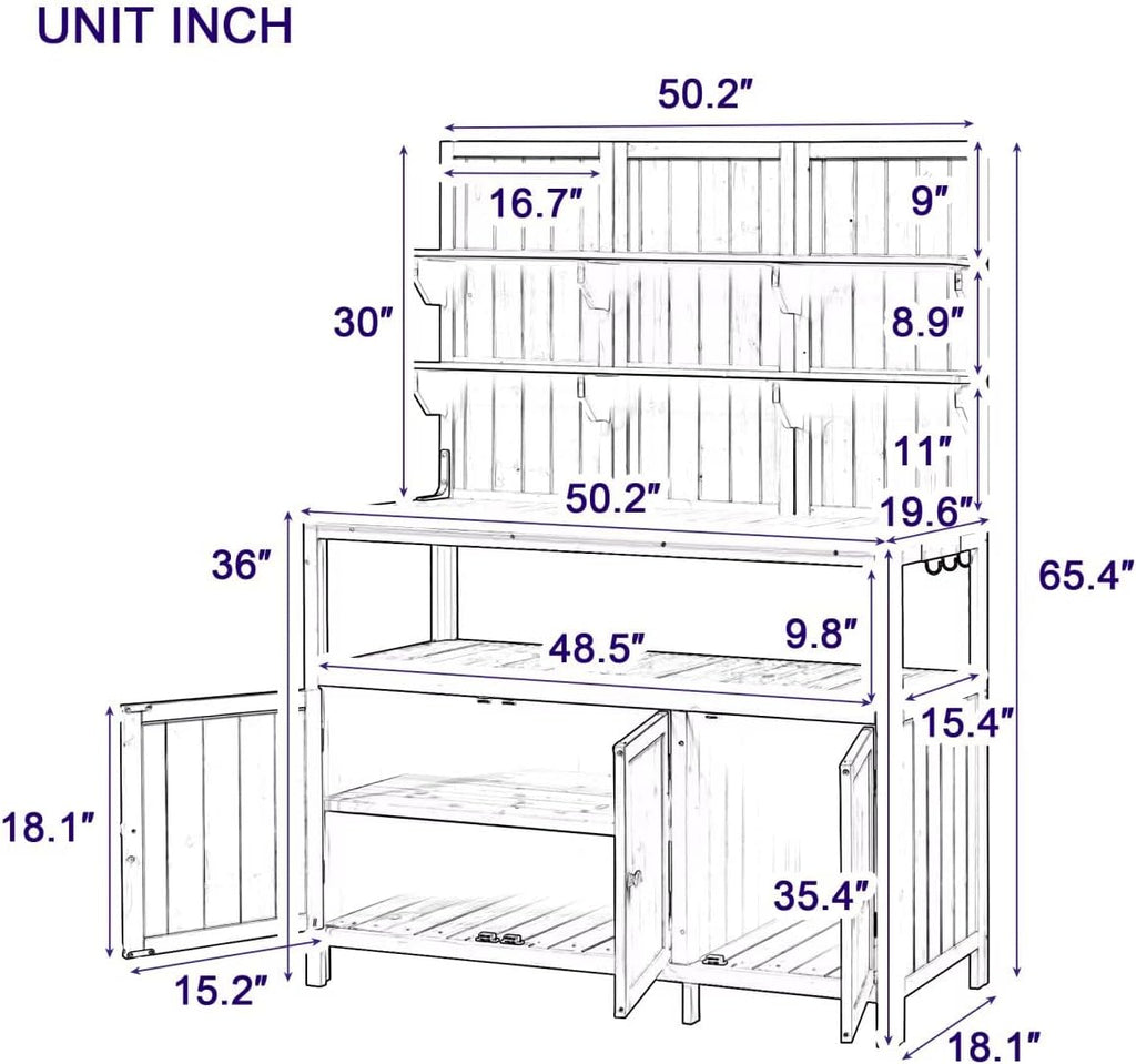 JIJIWANG Potting Bench with Hutch, 50.2' Solid Fir Wood Garden Workstation, Large Countertop, 2 Shelves, 2 Cabinets, 3 Side Hooks, Outdoor Planting Table for Gardening, Forest Green