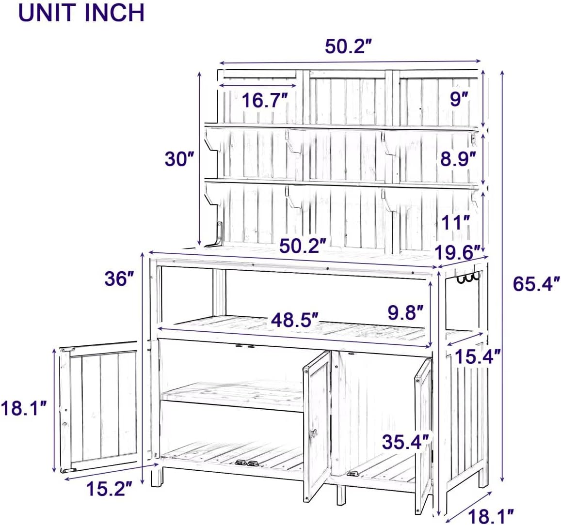 JIJIWANG Potting Bench with Hutch, 50.2' Solid Fir Wood Garden Workstation, Large Countertop, 2 Shelves, 2 Cabinets, 3 Side Hooks, Outdoor Planting Table for Gardening, Forest Green