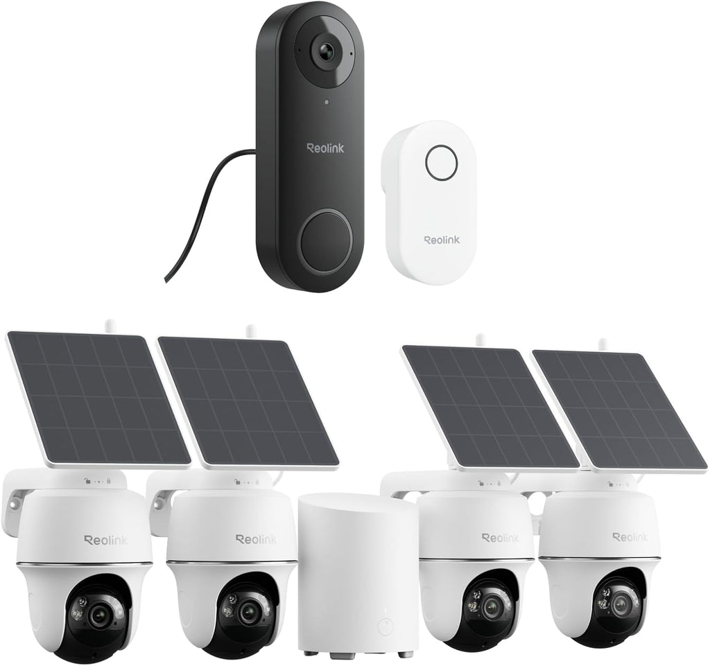 REOLINK Solar Security Cameras Wireless Outdoor System, Argus PT+Home Hub Mini Bundle with Video Doorbell, Color Night Vision, Smart Detection, 2.4/5 GHz Wi-Fi, No Subscriptions