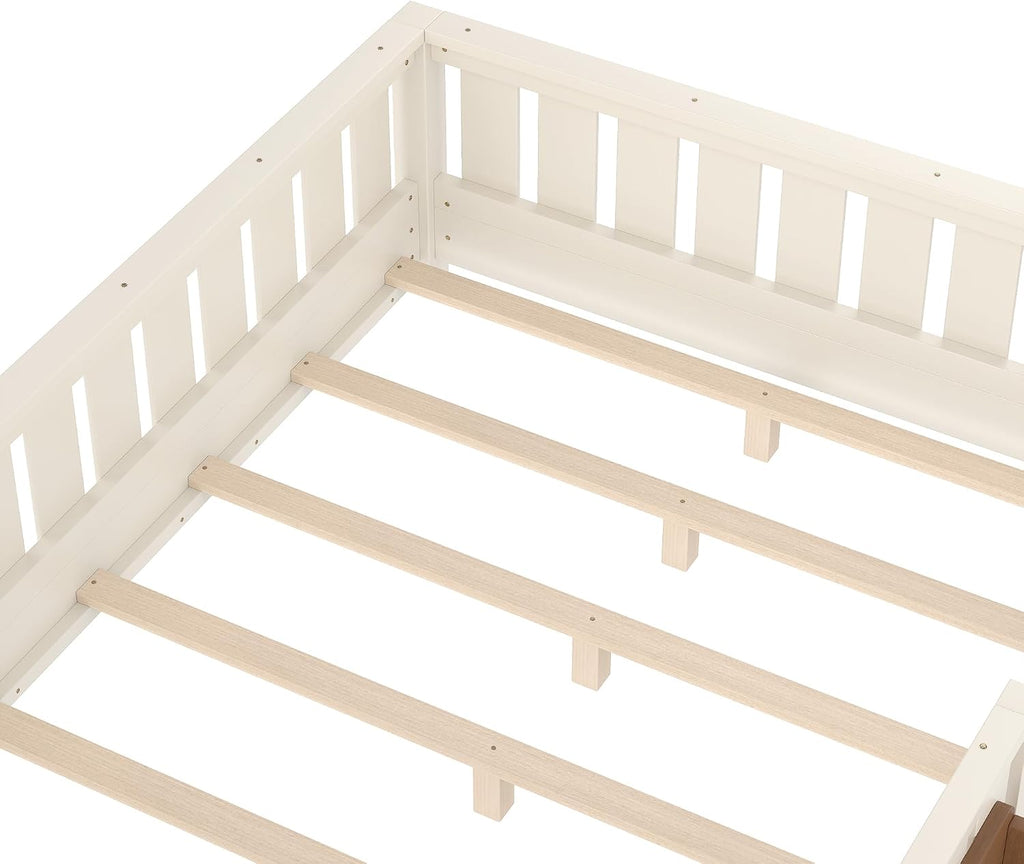 Bellemave Full Size Floor Bed with Slats and Safety Guardrail, Beige
