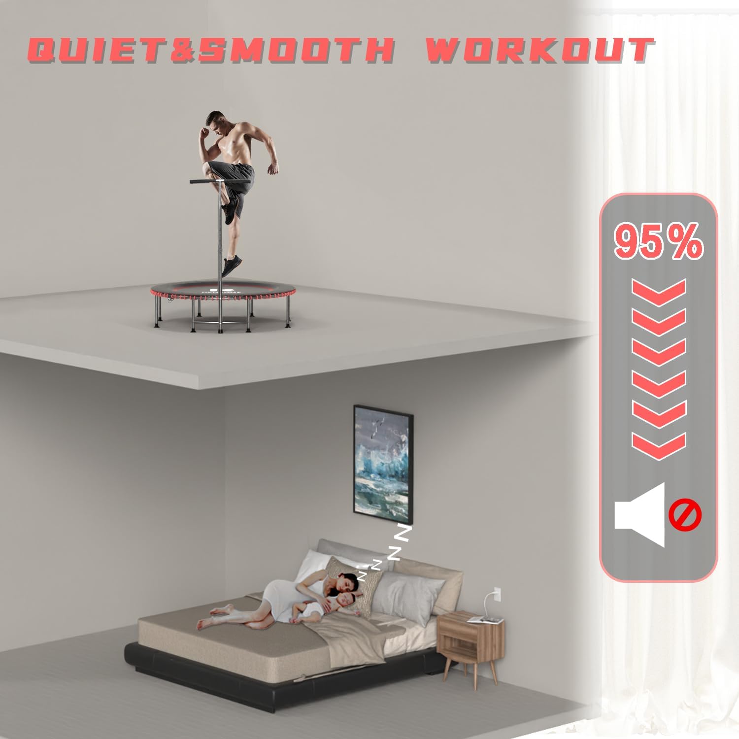 K KENSONE 40/48' Low-Impact Rebounder Trampoline for Adults with Bungee, 450/550LBS Quiet Mini Exercise Trampoline with Adjustable U/T-Shaped Foam Handle Bar, Fitness Equipment for Indoor/Gym Workout
