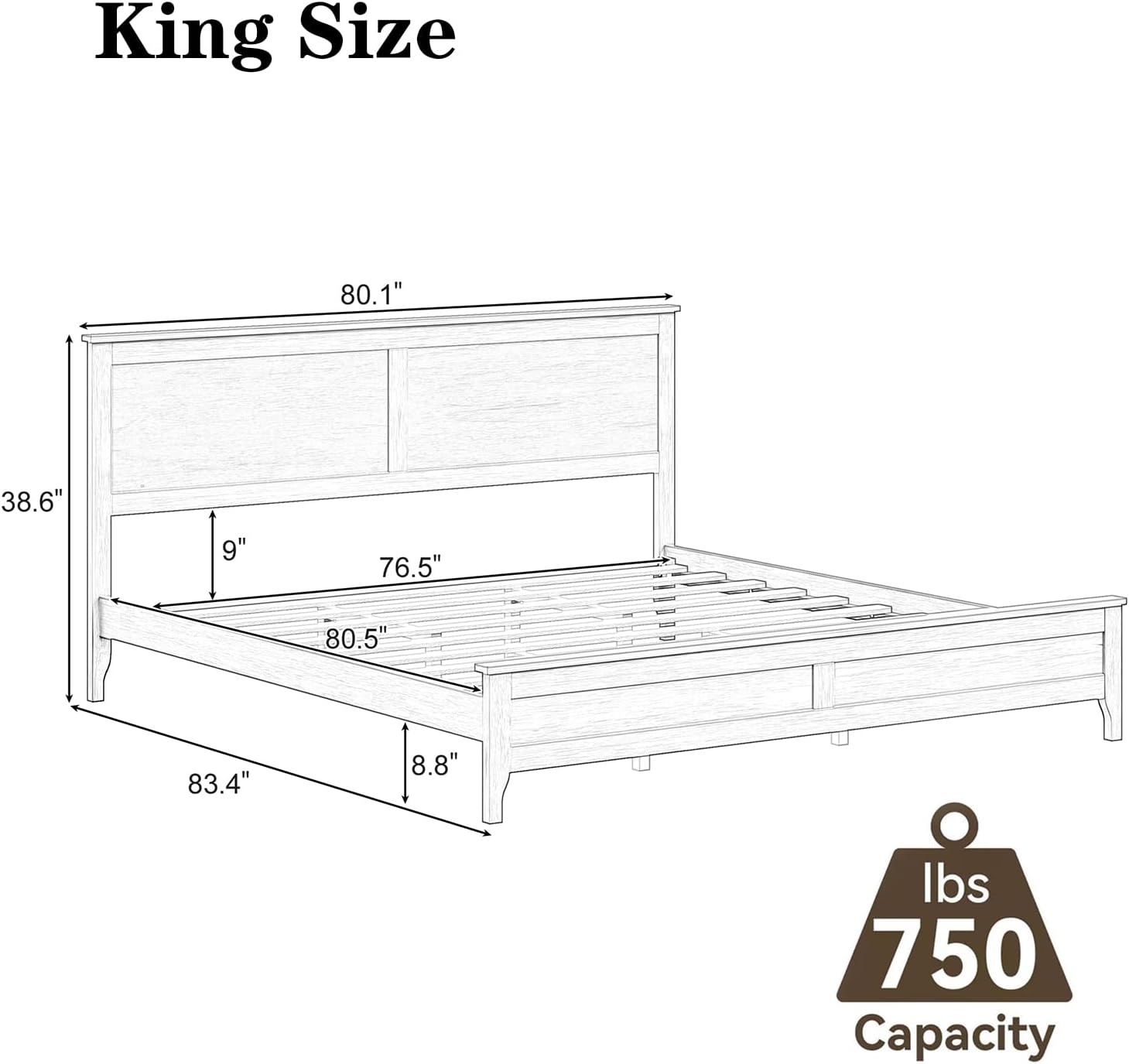 King Size Wood Bed Frame and Headboard, Modern Retro White Platform Beds Frames, Sturdy and Durable Design Mid Century Rustic Wooden Bedroom Set, No Box Spring Needed (White, King)