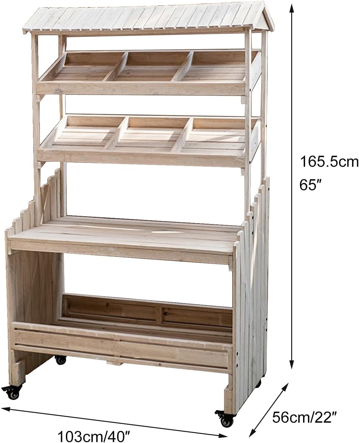 Potting Bench Table with Wheels, Wooden Garden Potting Table Work Table Workstation with 2 Tier Display Rack/Storage Shelf