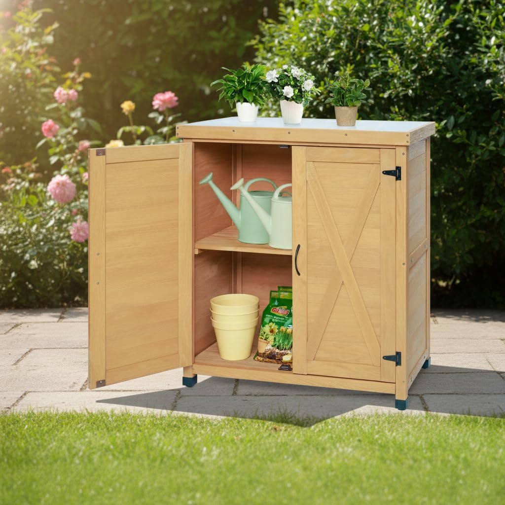 Potting Bench with Storage Cabinet & Metal Top, Solid Wood Hemlock Outdoor Work Station Table, X-Shape Sturdy Design, Magnetic Door, Gray/Light Brown, 31'x17'x36' (Light Brown)