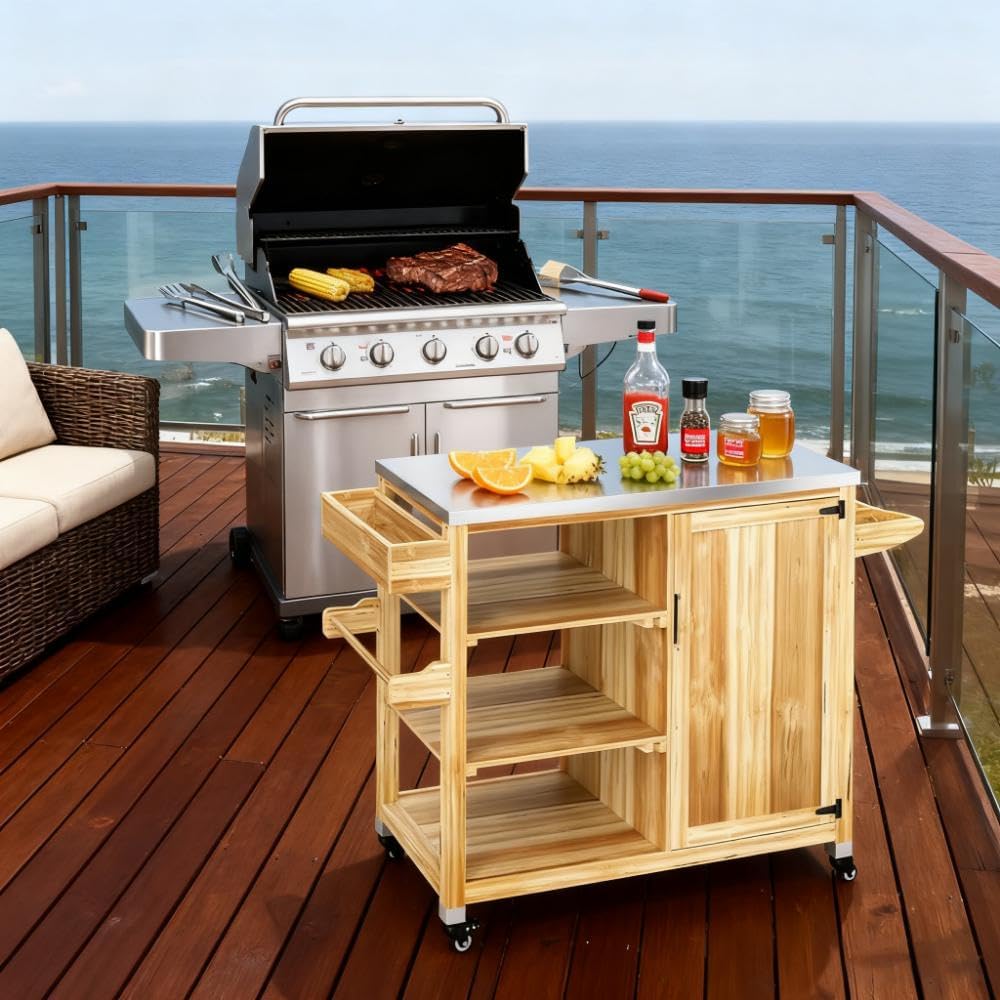 Outdoor Grill Table Cart with Stainless Steel Top, Solid Wood Outdoor Kitchen Island with Wheels and Storage Cabinet, Food Prep Table with Open Shelves for BBQ, Patio, Kitchen, Natural Wood