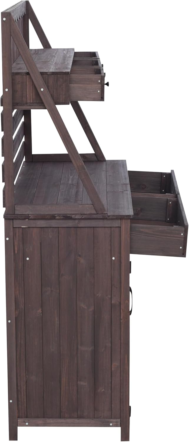Outdoor Farmhouse Fir Wood Potting Bench Table,5-Drawer Garden Workstation with Slatted Back Panel & Storage Cabinet for Backyard, Mudroom
