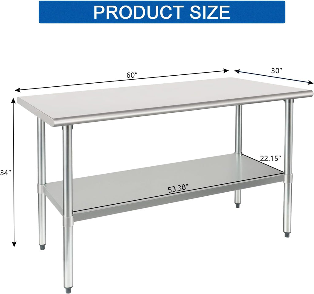 HARDURA Stainless Steel Table 30X60 Inches with Undershelf and Galvanized Legs NSF Heavy Duty Commercial Prep Work Table for Restaurant Kitchen Home and Hotel