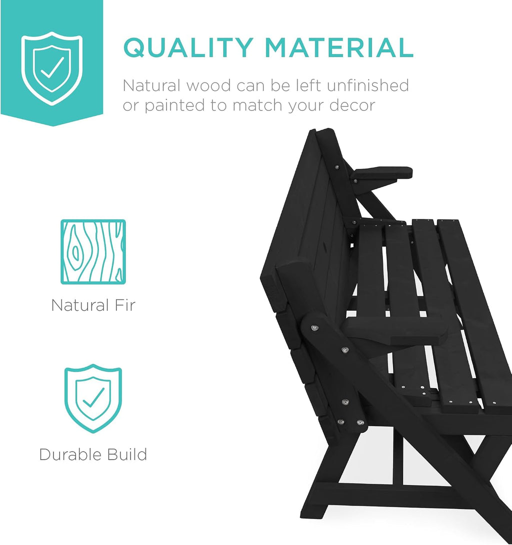 Best Choice Products 2-in-1 Transforming Interchangeable Outdoor Wooden Picnic Table Garden Bench for Backyard, Porch, Patio, Deck w/Umbrella Hole - Black