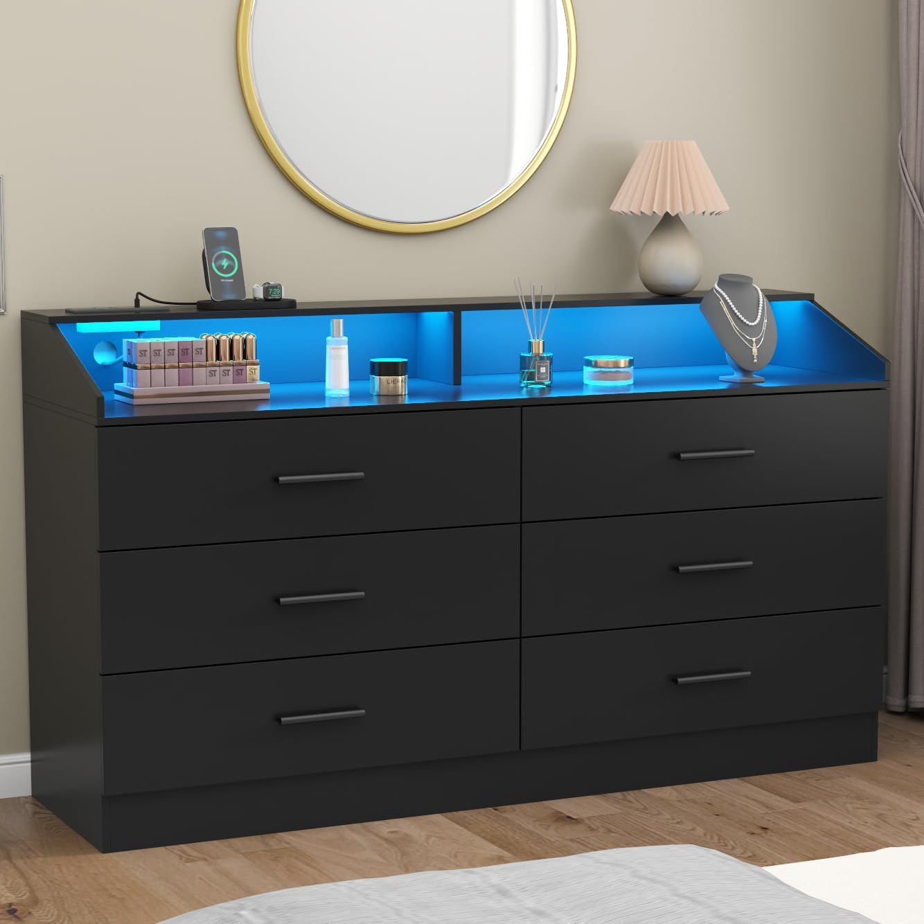 Gyfimoie 6 Drawer Dresser with Charging Station, Dresser for Bedroom with LED Light, Chest of Drawers for Closet, Modern Dressers with Open Storage Cubby, Double Wide Dressers for Living Room (Black)