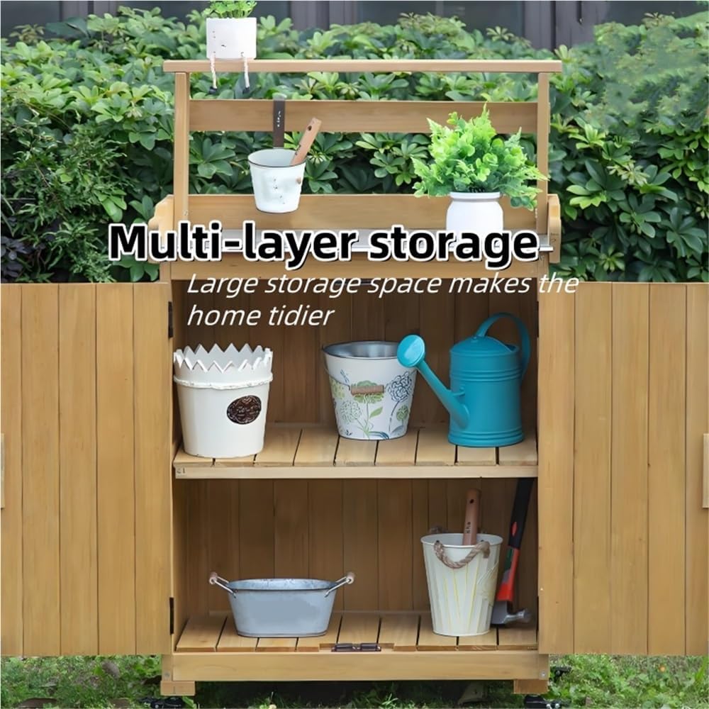 Potting Bench with Storage, Outdoor Storage Cabinet with Universal Wheels, Wooden Potting Bench Table with Metal Tabletop and Side Hooks, Outdoor Gardening Table for Terrace, Garden