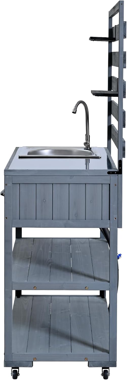Merax Outdoor Rolling Kitchen Island with Sink, 41.7' Solid Wood Patio Cart Stainless Steel Top, Garden Potting Bench Table on Wheels, BBQ Prep Station with Shelves & Bottle Opener, Gray