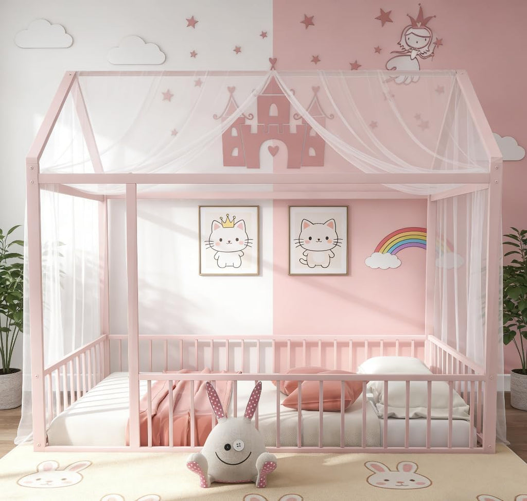Bellemave Twin Size House Floor Montessori Bedframe with Rails and roof, Metal House Bed for Kids, Montessori Floor Beds for Kids,Pink