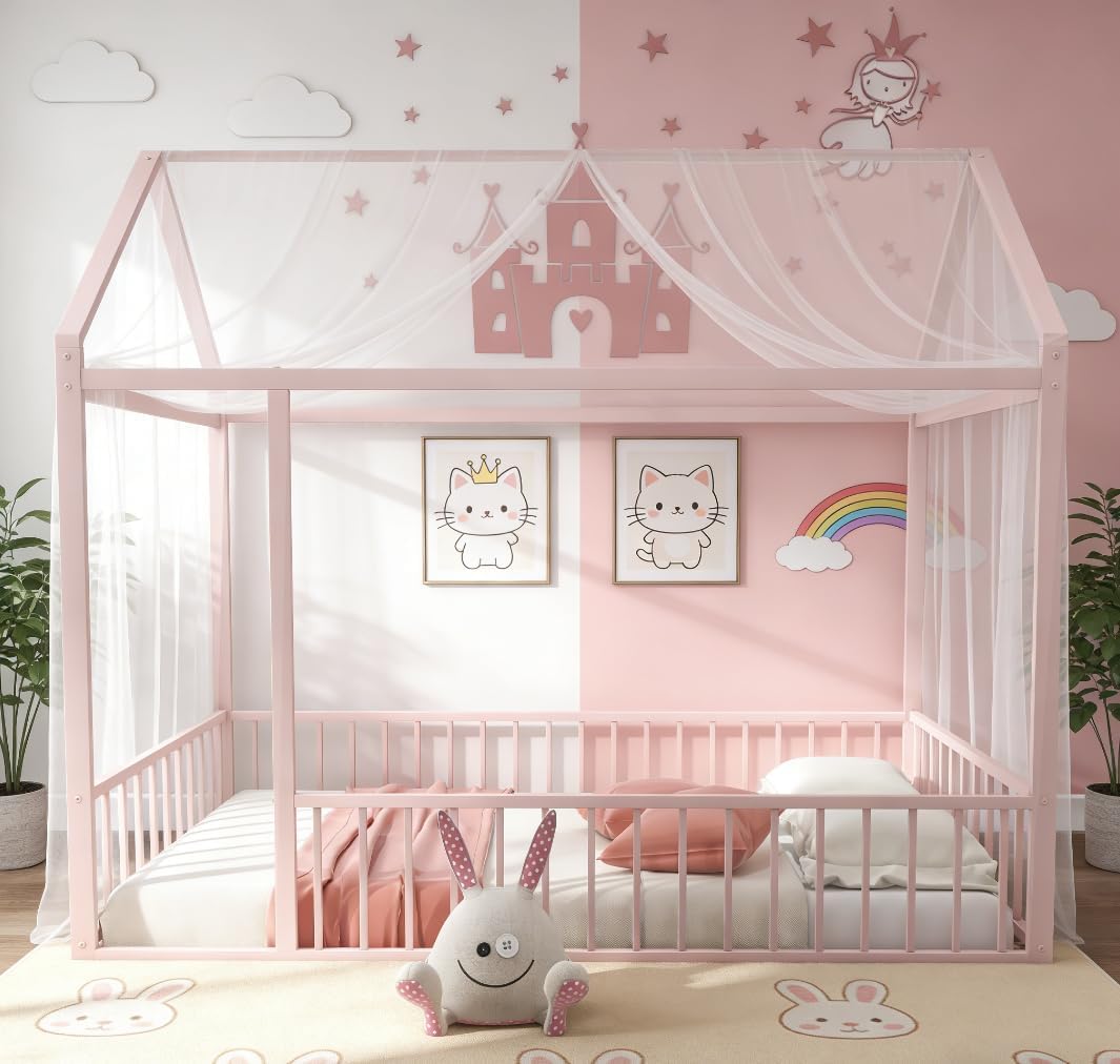 Bellemave Twin Size House Floor Montessori Bedframe with Rails and roof, Metal House Bed for Kids, Montessori Floor Beds for Kids,Pink
