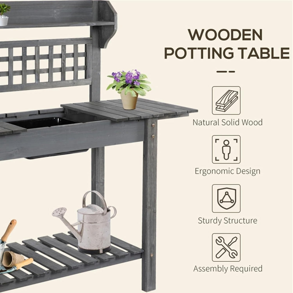 Fir Wood Outdoor Potting Bench, Scalable Frame with Expandable Tabletop & Dry Sink, for Patio Yard Vegetable Herb Gardening(Gray)