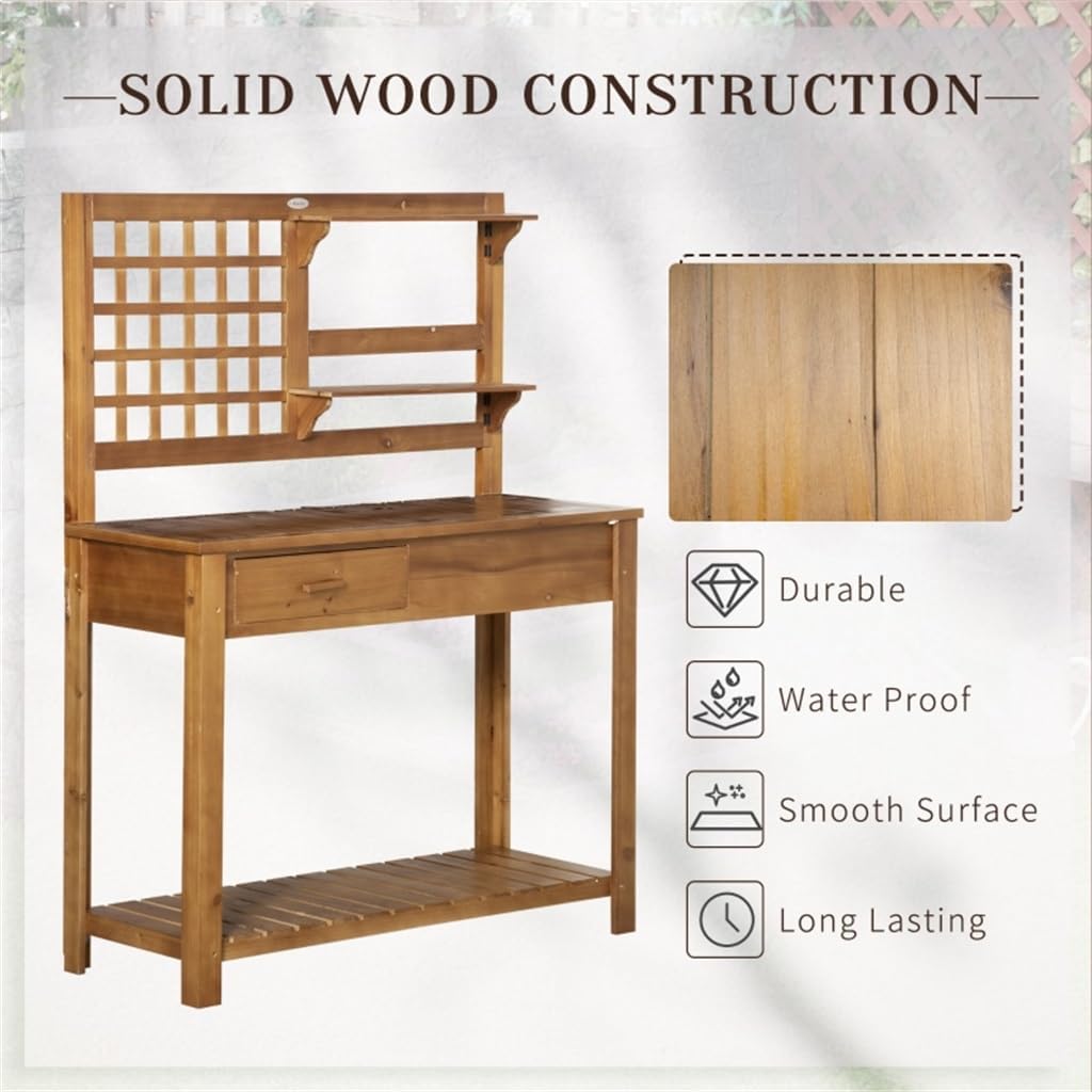 Potting Garden Work Bench, Outdoor Wooden Workstation with Tiers of Shelves and Drawer for Patio, Courtyards
