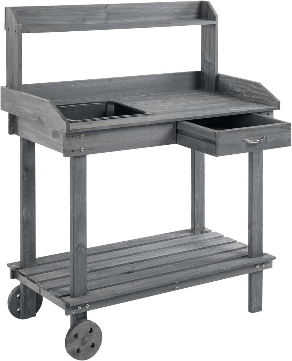 36' Wooden Potting Bench Work Table with 2 Removable Wheels, Sink, Drawer & Large Storage Spaces, Gray