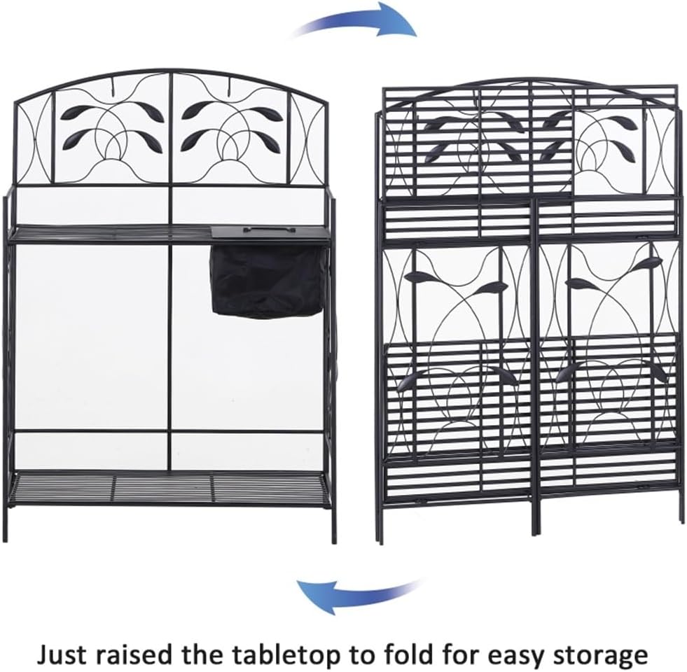Folding Potting Bench Table, Metal Garden Workstation, Work with Large Build-in Bag with Cover， 5 Hanging Hooks