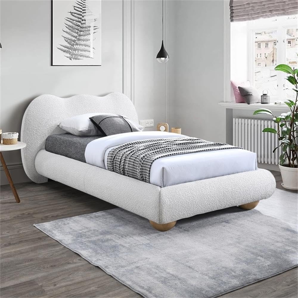 Meridian Furniture HydeCream-T Hyde Collection Modern | Contemporary Twin Bed with Rich Cream Boucle Fabric, Both Natural and Black Finish Solid Wood Legs, 54.5' W x 85.5' D x 35.75' H, Cream, Twin
