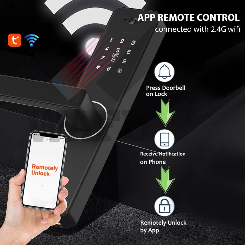 Smart Lock with 120° Wide-Angle Camera and Smart Doorbell Keyless Entry Door Lock Handle Aluminum Alloy Biometric Door Lock TY App Remote Operation WiFi for 35-60mm Office Home Bedroom Door