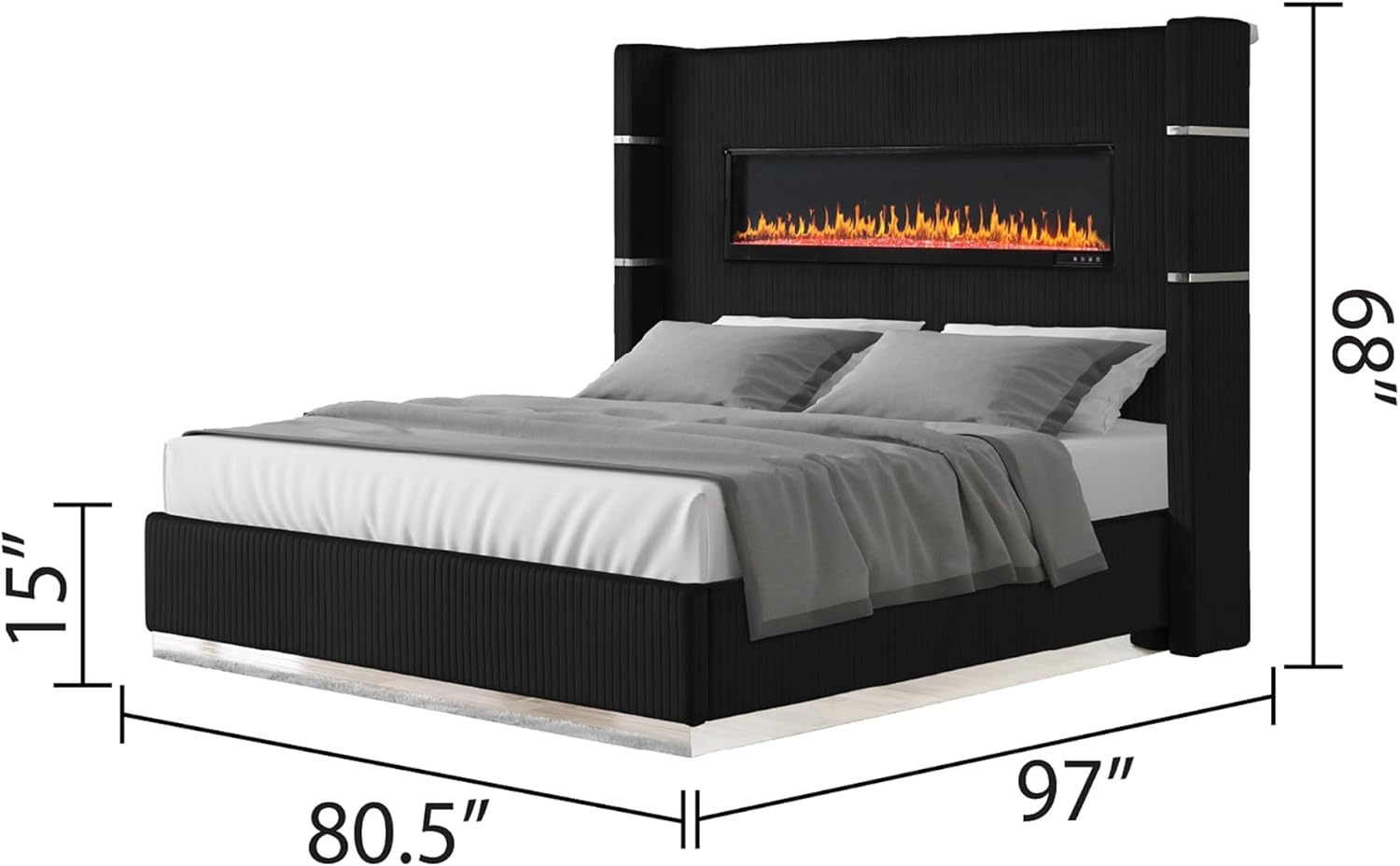GOWE LIZZELLE Upholstery Wooden King 4 PC Bedroom Set with Ambient Lighting in Black Velvet Finish (NJ Inventory)