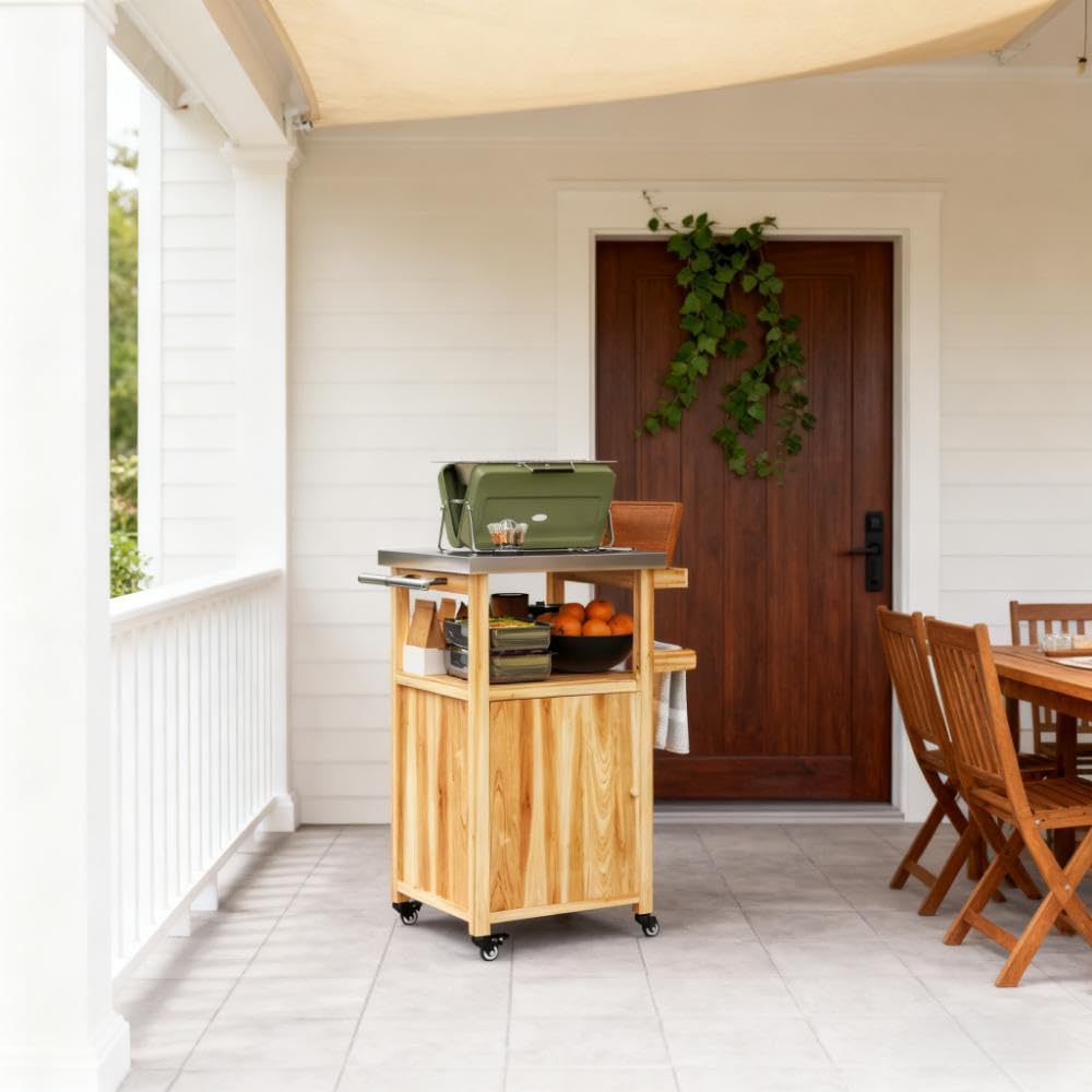 Outdoor Kitchen Island with Wheels, Solid Wood Outdoor Grill Table Cart with Stainless Steel Top and Storage Cabinet, Food Prep Station Pizza Oven Stand for BBQ, Patio, Kitchen, Natural Wood