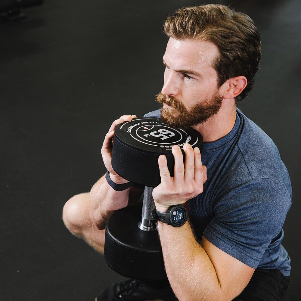 Titan Fitness Round Urethane Dumbbells, Medium Volcano Knurling, 33mm Grip, Easy-to-Read Weight Indicators, Free Weights for Strength Training
