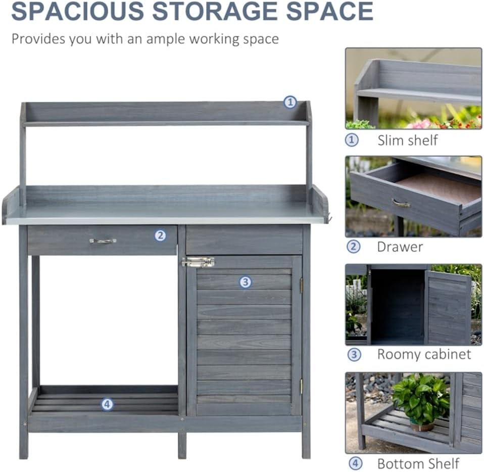 Garden Potting Bench Table with Lockable Storage Cabinet and Shelf, Outdoor Planting Workstation with Steel Tabletop