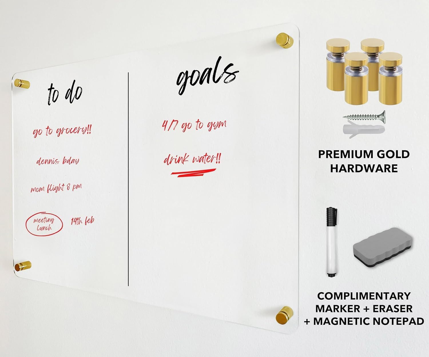 to Do Goals Premium Acrylic Wall Planner - Personalized Calendar 2026 - Horizontal Wall Calendar - Monthly and Weekly Planner (Gold Standoff, 36'x24' (Large))