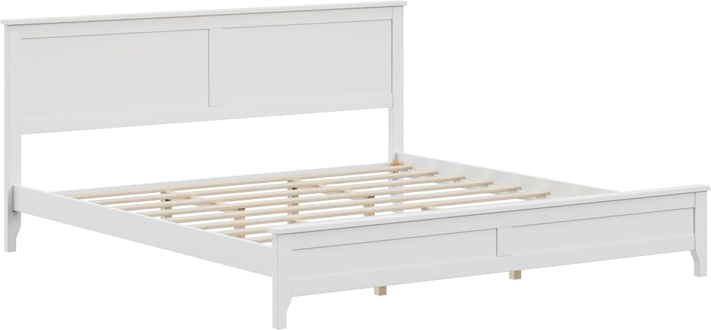 King Size Wood Bed Frame and Headboard, Modern Retro White Platform Beds Frames, Sturdy and Durable Design Mid Century Rustic Wooden Bedroom Set, No Box Spring Needed (White, King)