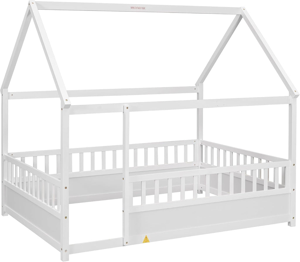 Bellemave Montessori Bed Full Size, Full Floor Bed with High Fence, House Beds for Kids, Girls, Boys, Easy Assemble Montessori Floor Beds, White