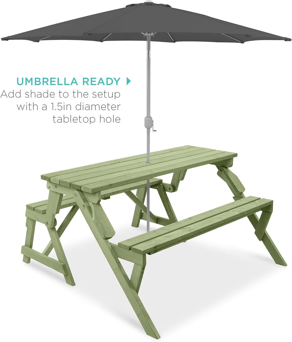 Best Choice Products 2-in-1 Transforming Interchangeable Outdoor Wooden Picnic Table Garden Bench for Backyard, Porch, Patio, Deck w/Umbrella Hole - Sage Green