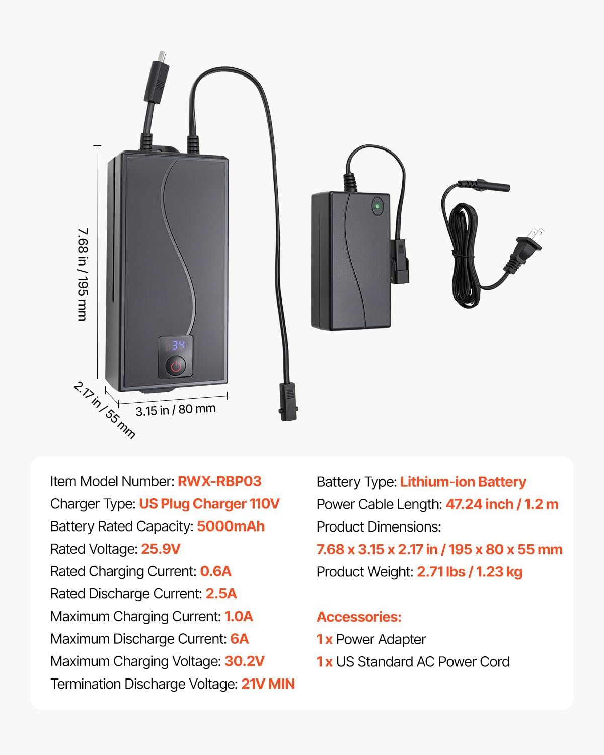 VEVOR 5000 mAh Battery Pack for Reclining Furniture with Adapter, Rechargeable Recliner Battery Kit with Universal 2-Pin Connector and LED Screen, for Recliner, Sectional, Couch, Sofa & Lift Chair