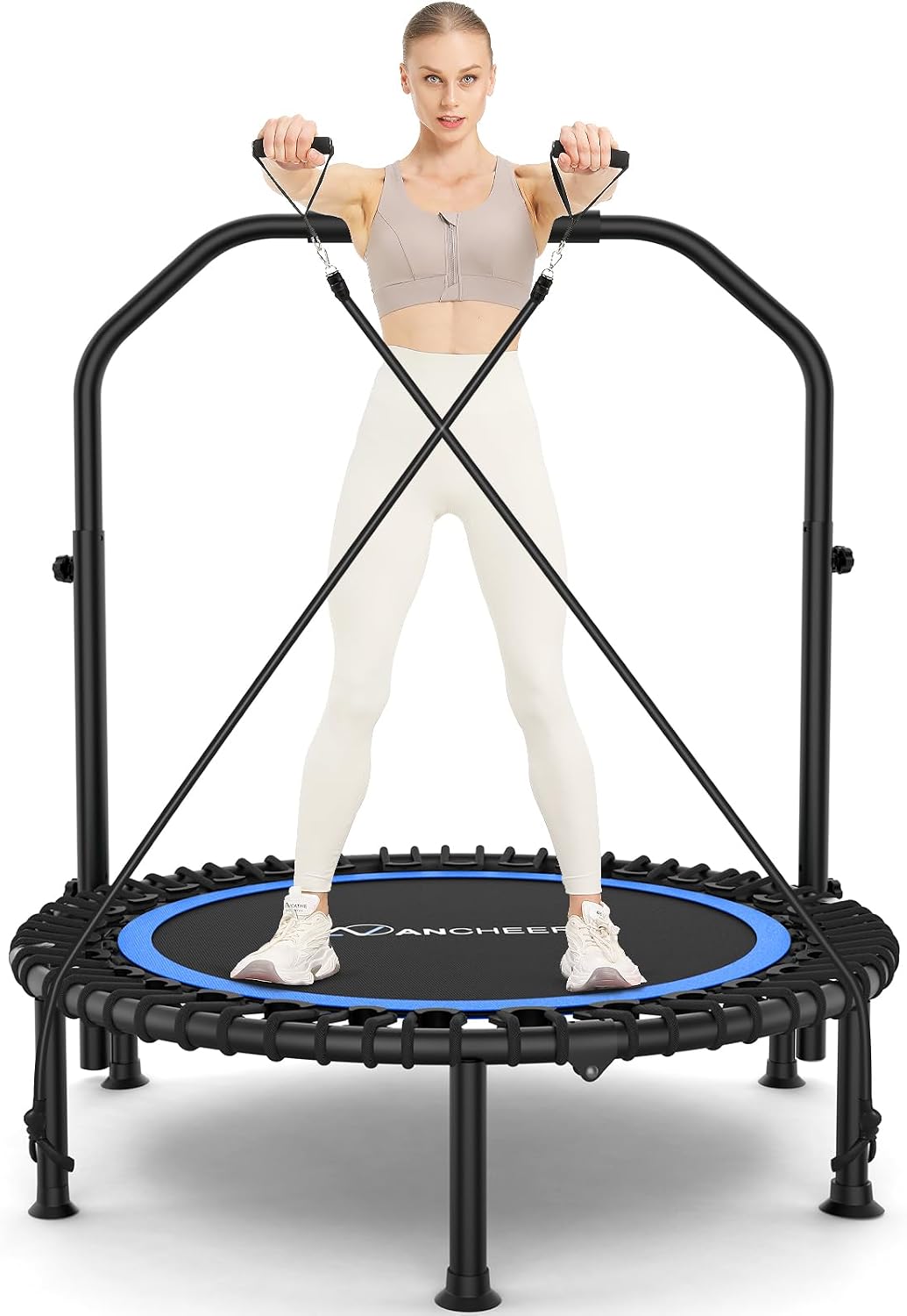 ANCHEER 40'/48' Foldable Mini Trampoline,Max Load 450lbs/550lbs Indoor Trampoline,with 4 Level Adjustable Foam Handle and Resistance Bands,Adult Exercise Trampoline for Home, Garden, and Gym