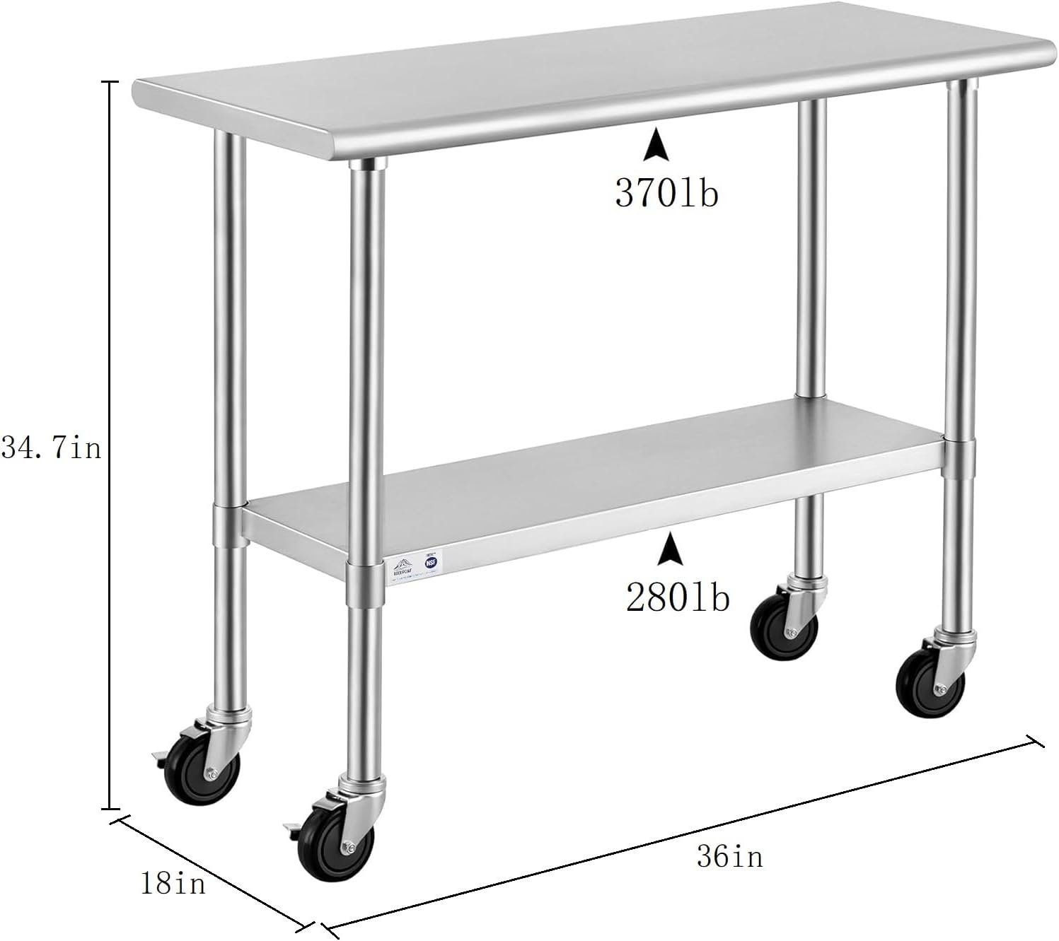 ROCKPOINT Stainless Steel Table for Prep & Work with Caster Wheels 18x36 Inches, NSF Metal Commercial Kitchen Heavy Duty Table with Adjustable Under Shelf and Table Foot for Restaurant, Home and Hotel