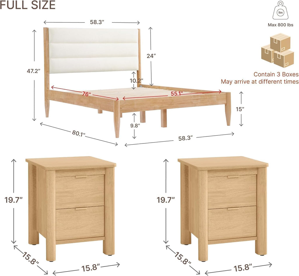 A Complete Set of Full-Size Furniture, Featuring A Wooden Bed Frame with Two Bedside Tables, Suitable for A Bedroom.(Cream)