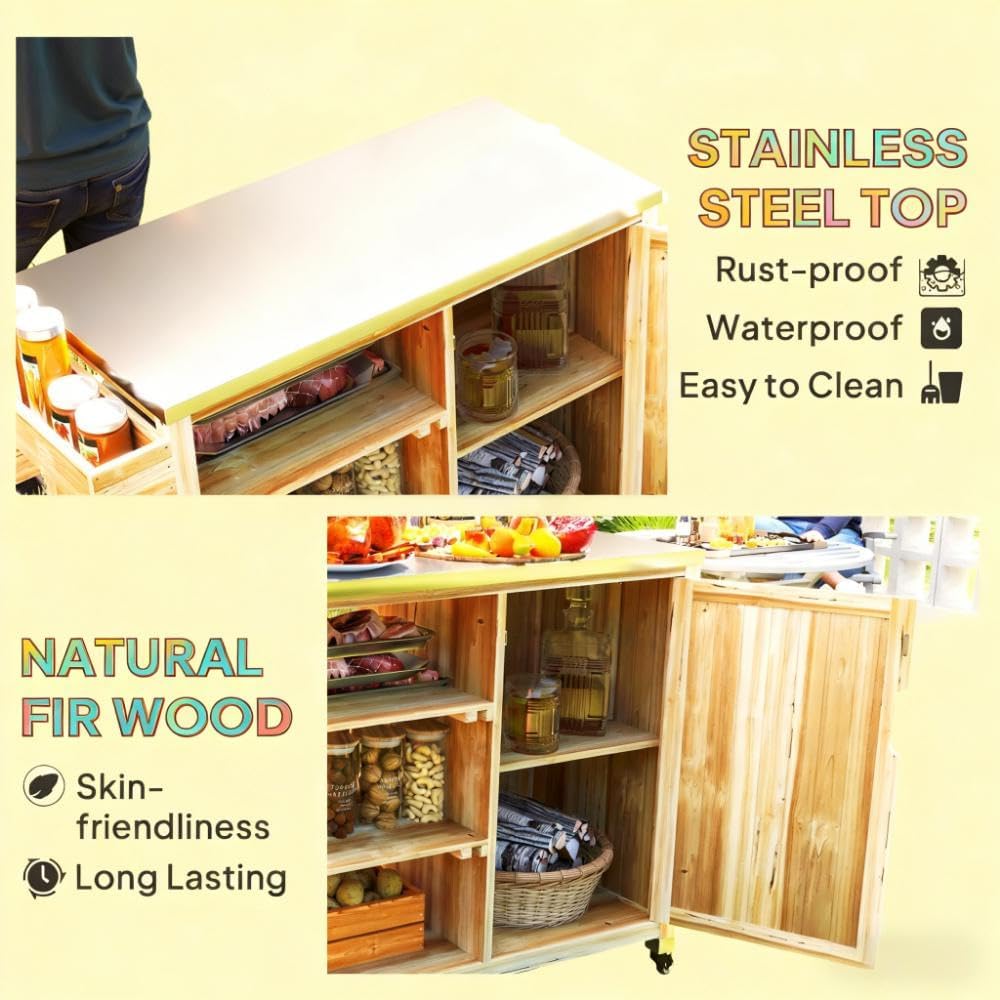 Outdoor Grill Table Cart with Stainless Steel Top, Solid Wood Outdoor Kitchen Island with Wheels and Storage Cabinet, Food Prep Table with Open Shelves for BBQ, Patio, Kitchen, Natural Wood