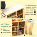 Outdoor Grill Table Cart with Stainless Steel Top, Solid Wood Outdoor Kitchen Island with Wheels and Storage Cabinet, Food Prep Table with Open Shelves for BBQ, Patio, Kitchen, Natural Wood