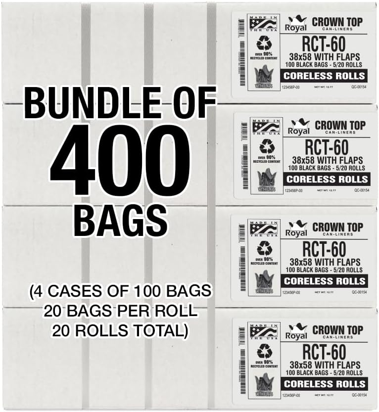 Aluf Plastics RCT-60 Star Sealed Coreless Rolls with E-Z Tie Flap Closure, 60 gal, Polyethylene, 38' x 58', Black (Pack of 400)