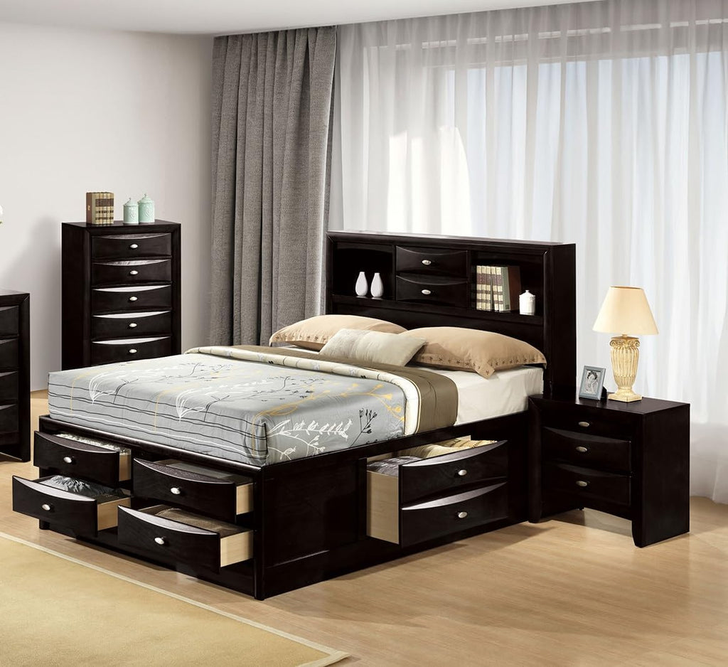 King Size Bed 2X Nightstands Headboard Bookcase Black Color 3pc Set Bedroom Furniture