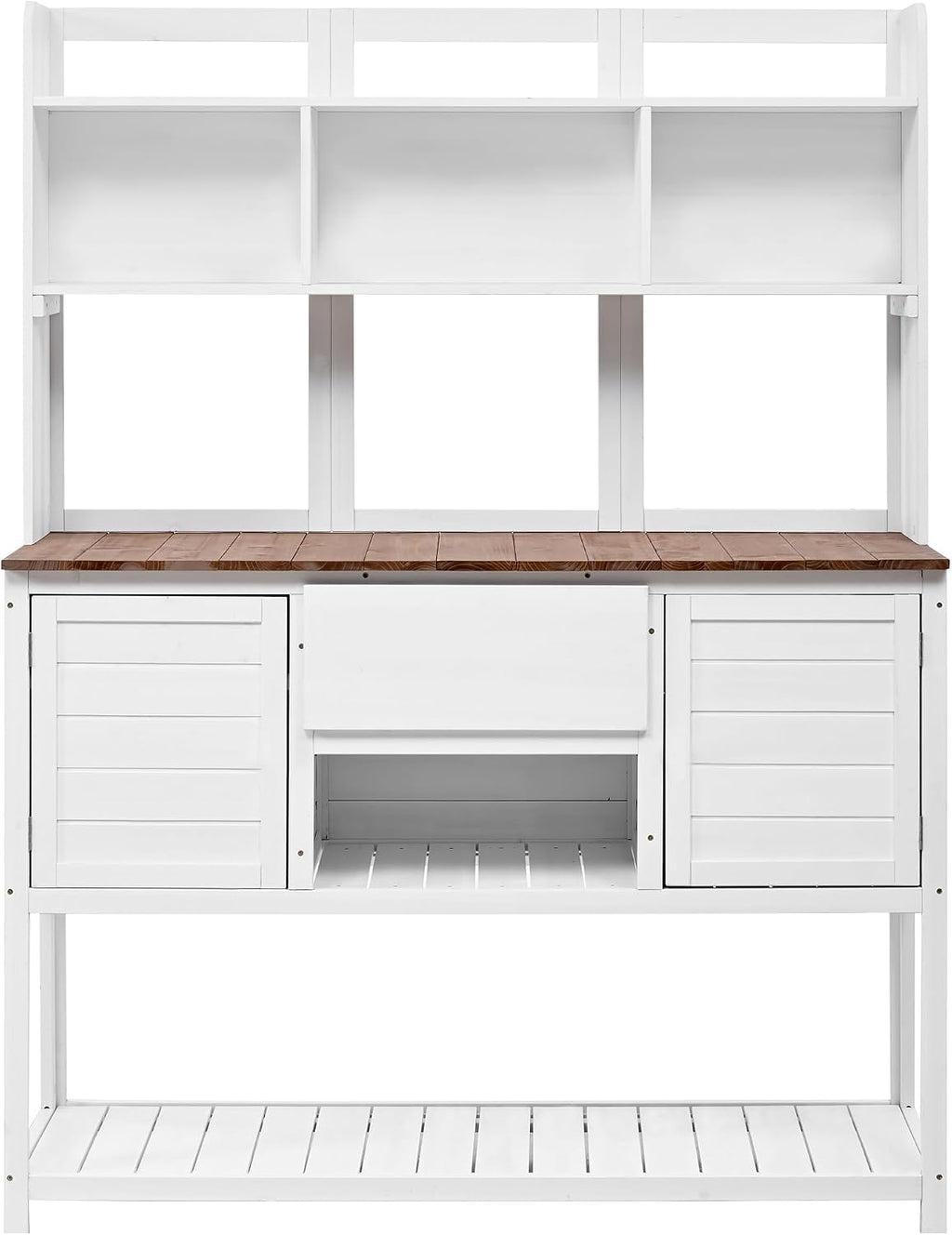 Outdoor Potting Bench Table, Solid Fir Wood Garden Workstation with Hutch, Drawer & Adjustable Shelves, Outdoor Planting Table for Gardening Backyard (White-N, 66.1''H)
