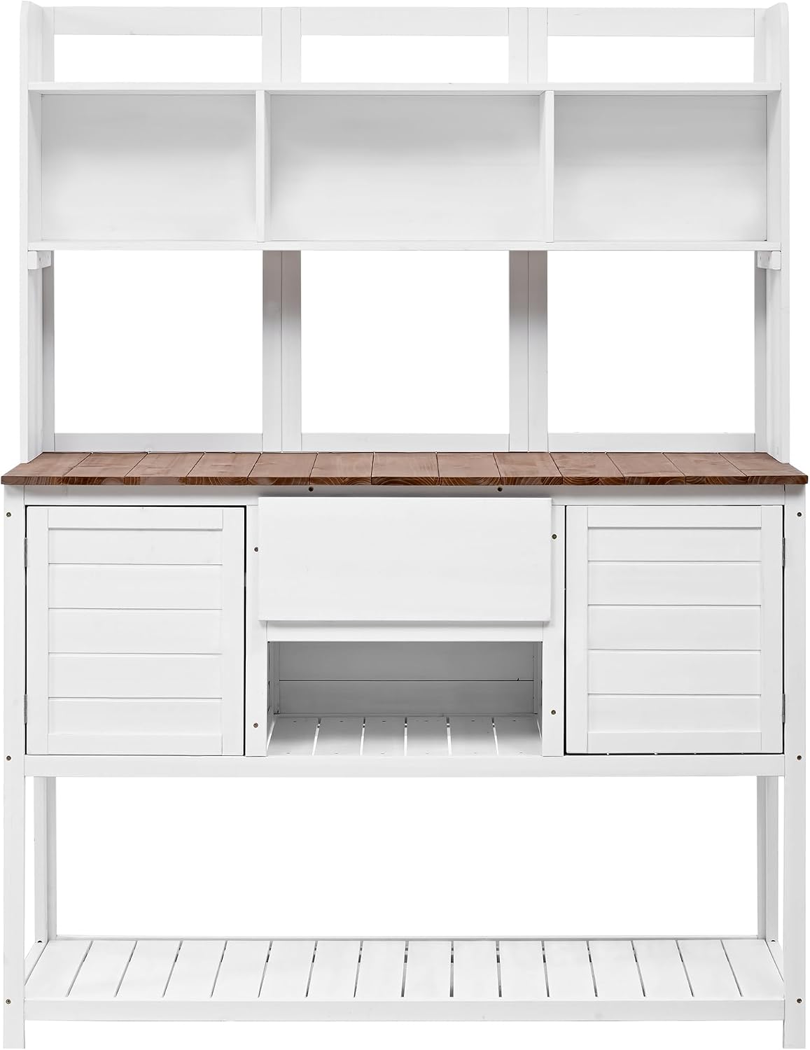 Outdoor Potting Bench Table, Solid Fir Wood Garden Workstation with Hutch, Drawer & Adjustable Shelves, Outdoor Planting Table for Gardening Backyard (White-N, 66.1''H)