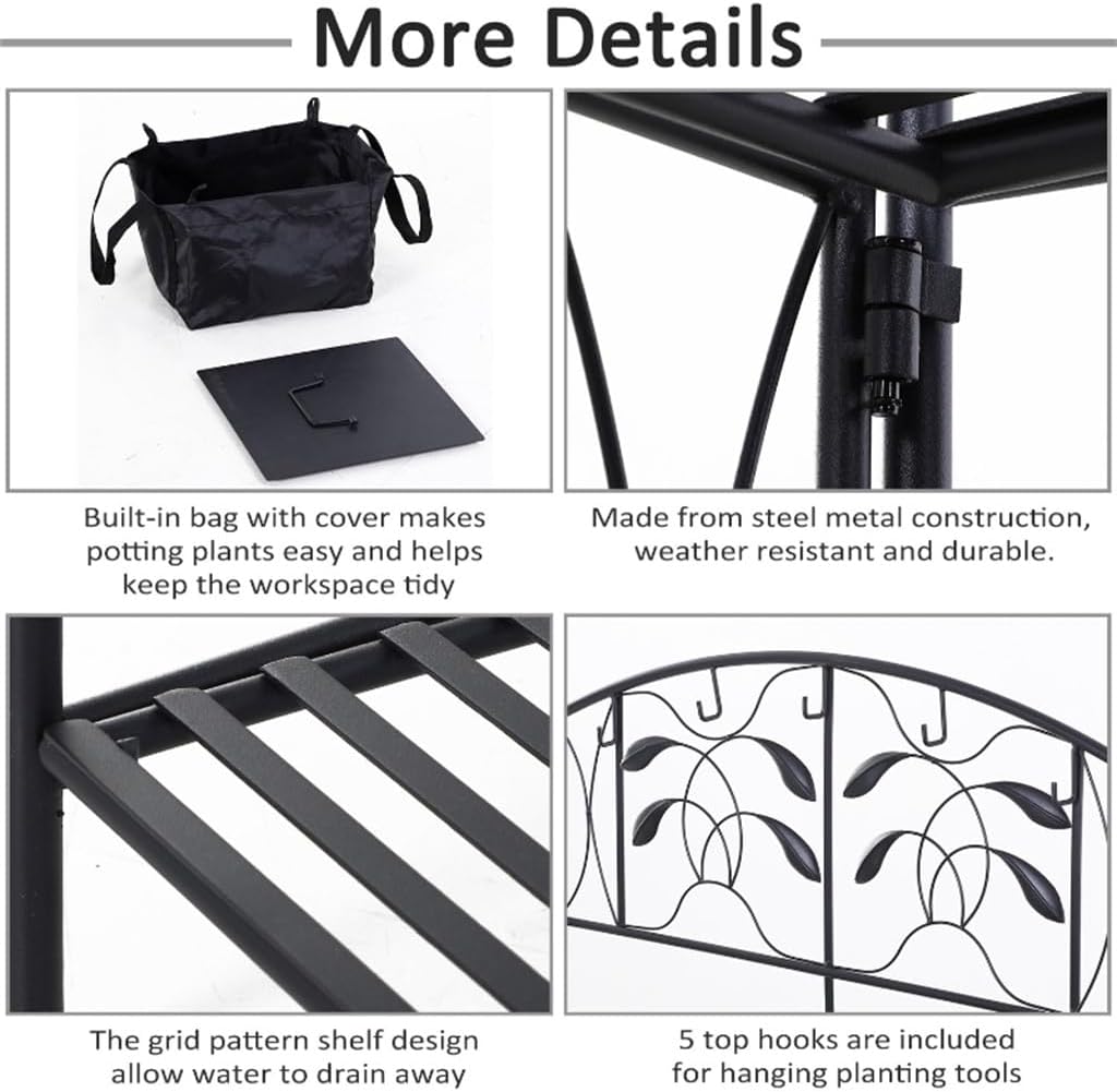 Folding Potting Bench Table, Metal Garden Workstation, Work with Large Build-in Bag with Cover， 5 Hanging Hooks