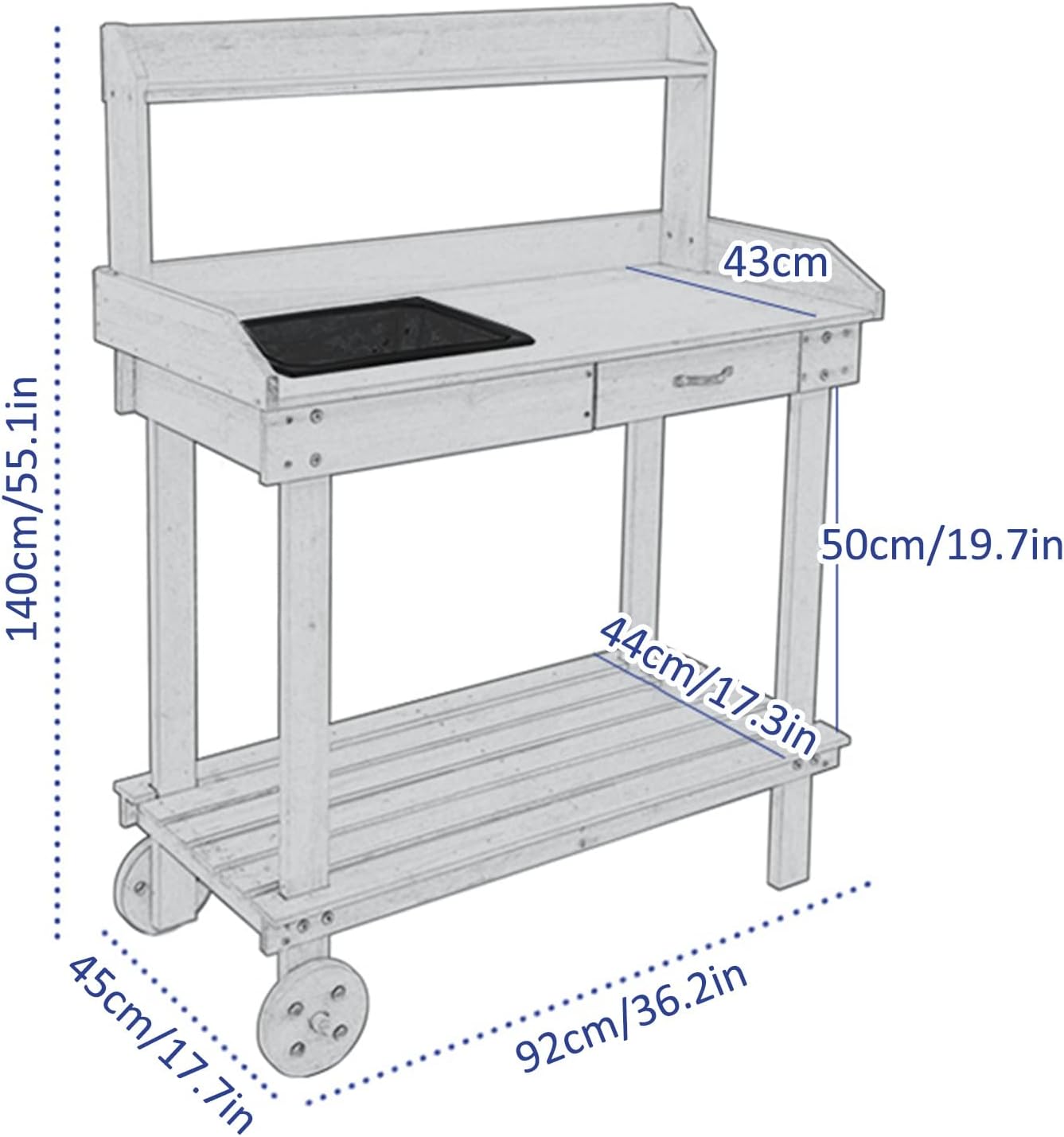 Drawer Rack Shelves Work Station Potting Table Work Bench Potting Table with Sink Garden Work Station Planting Bench (Grey 92x45x140cm)