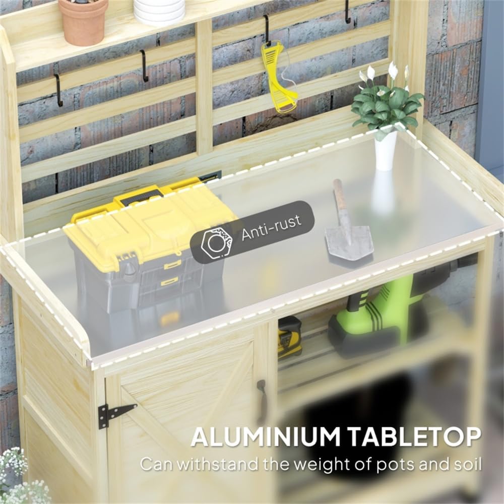 Country Style Outdoor Potting Bench with Storage - Natural Wood Garden Work Table for Planting, Sturdy Fir Wood Potting Station with Shelves & Cabinet, Easy Assembly, Holds 165lbs