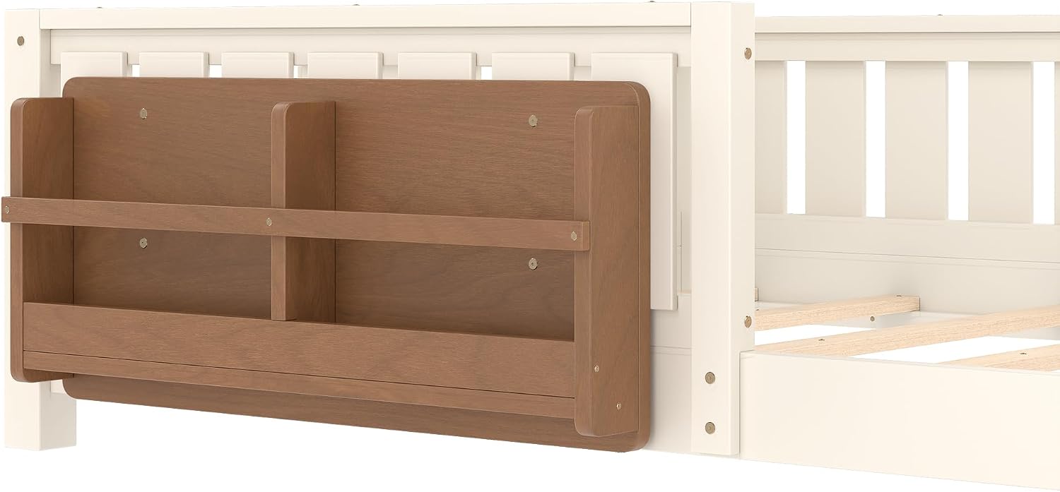 Bellemave Full Size Floor Bed with Slats and Safety Guardrail, Beige