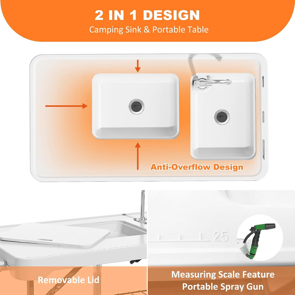 Folding Fish Cleaning Table with 2 Sinks, 42.5'' Portable Camping Sink Table with Foldable Faucet, Drainage Hose, Sprayer, Storage Box,Drawer & Grooves, Outdoor Fillet Station for Picnic, White