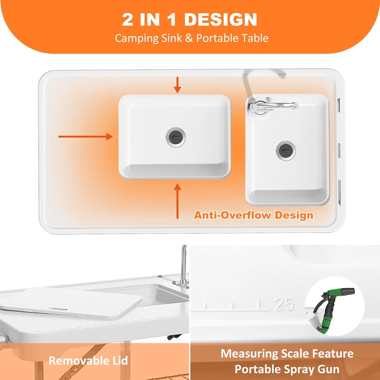 Folding Fish Cleaning Table with 2 Sinks, 42.5'' Portable Camping Sink Table with Foldable Faucet, Drainage Hose, Sprayer, Storage Box,Drawer & Grooves, Outdoor Fillet Station for Picnic, White
