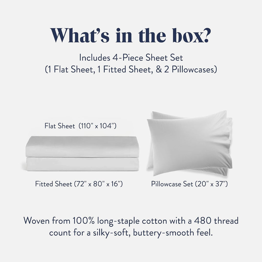 Brooklinen Luxury Sateen 4 Piece Sheet Set - 100% Cotton Bed Sheets, Soft & Durable California King Size Sheets Set in White, Oeko-TEX Certified Bedding Set,1 Fitted Sheet,1 Flat Sheet,2 Pillowcases