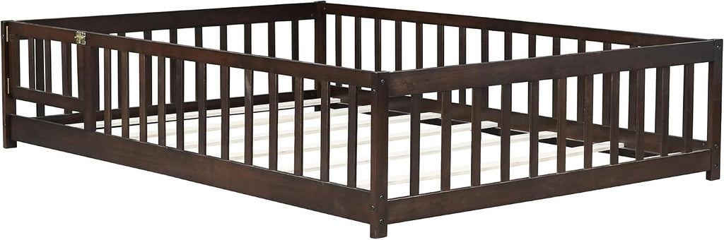 Bellemave Full Size Floor Bed with Door and Fence for Kids, Montessori Floor Bed with Slats and Safety Guardrails,Solid Wood Full Bed Frame for Girls Boys(Full,Espresso)
